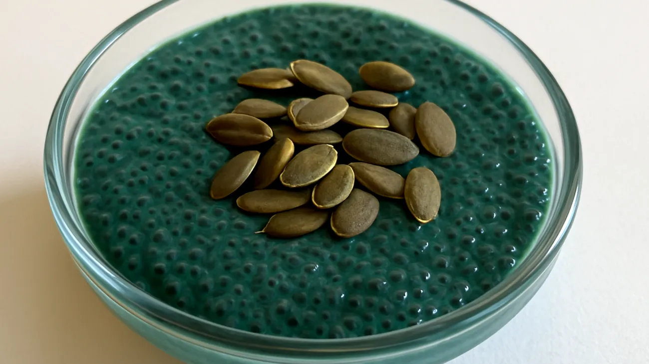 Budino di chia con spirulina e semi di zucca"