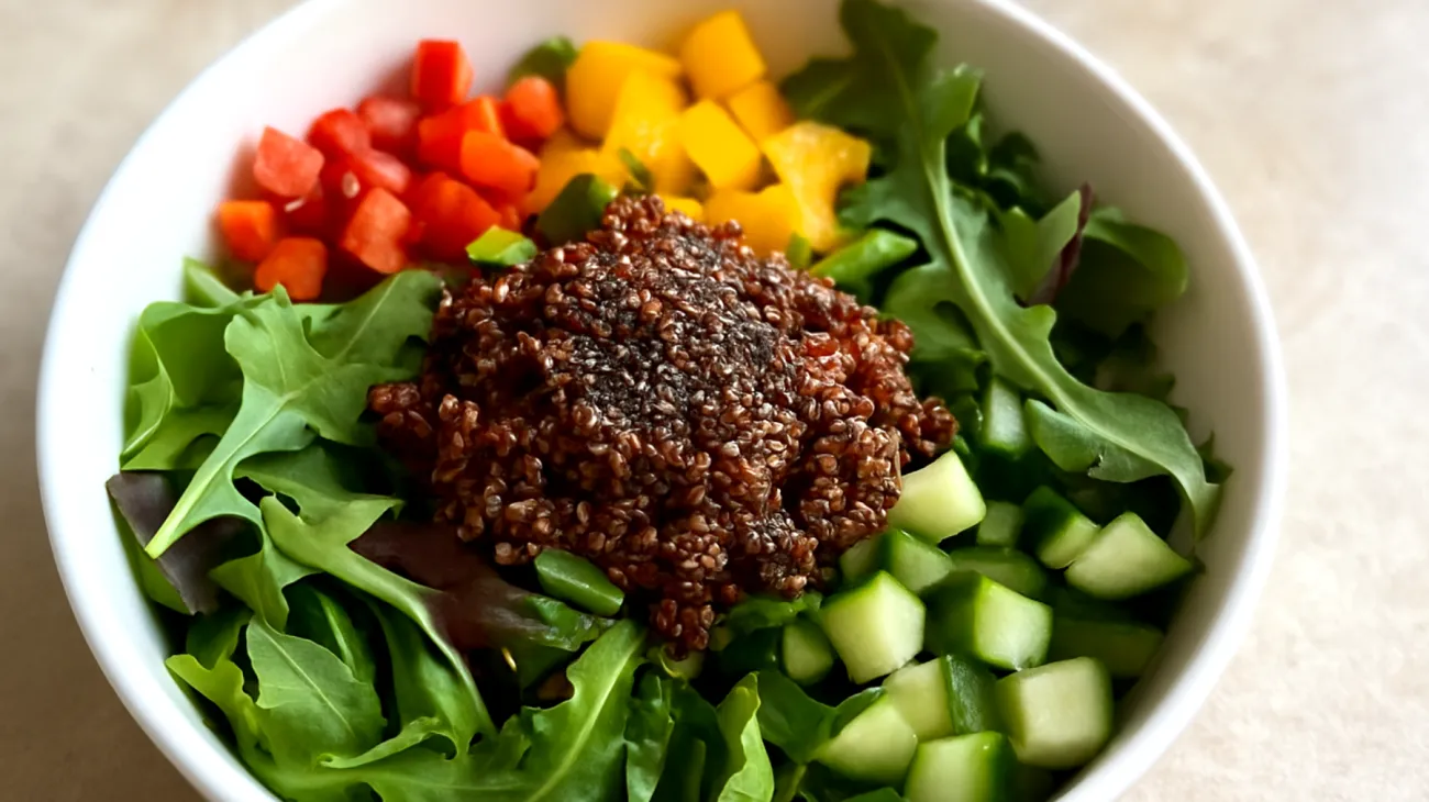 Insalata di quinoa rossa con semi di chia e verdure crude"